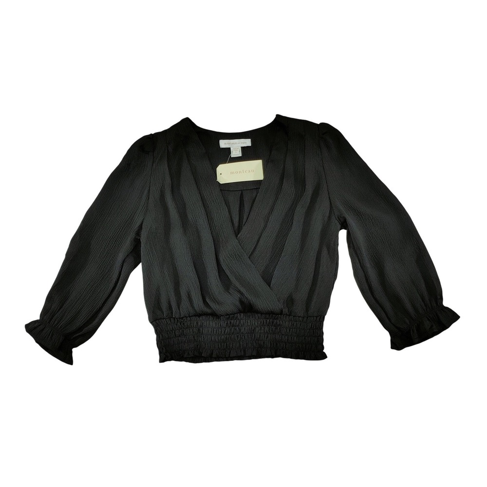 Monteau Los Angeles Black Long Sleeve V Neck Smocked Waist Blouse Top Size S